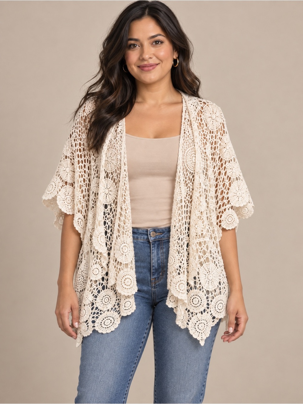 Soft Surroundings Cream Crochet Open-Front Kimono S/M